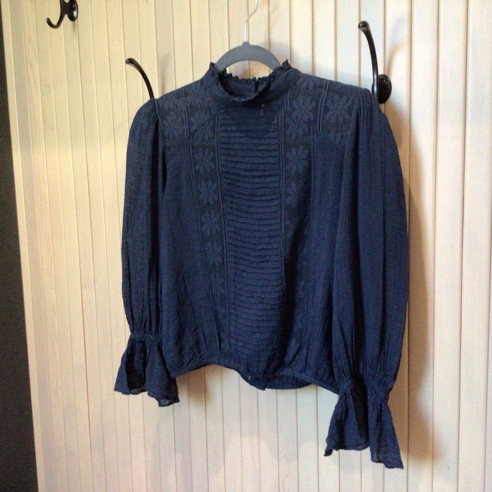 Free People Navy Lace and Ruffle Top, Size XS